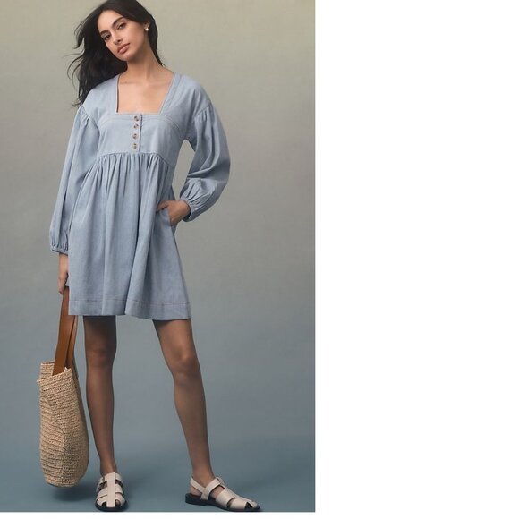 Anthropologie Dresses & Skirts - NEW By Anthropologie Long-Sleeve Square-Neck Denim Babydoll Mini Dress size S